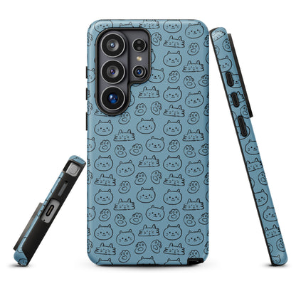 a phone case with a repeating pattern of cat faces on a light blue background.