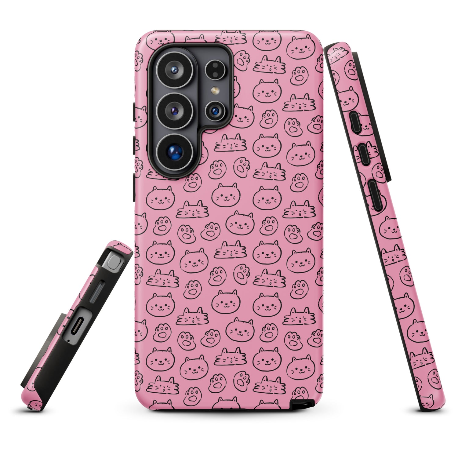 a pink phone case with a repeating pattern of cat faces on it.