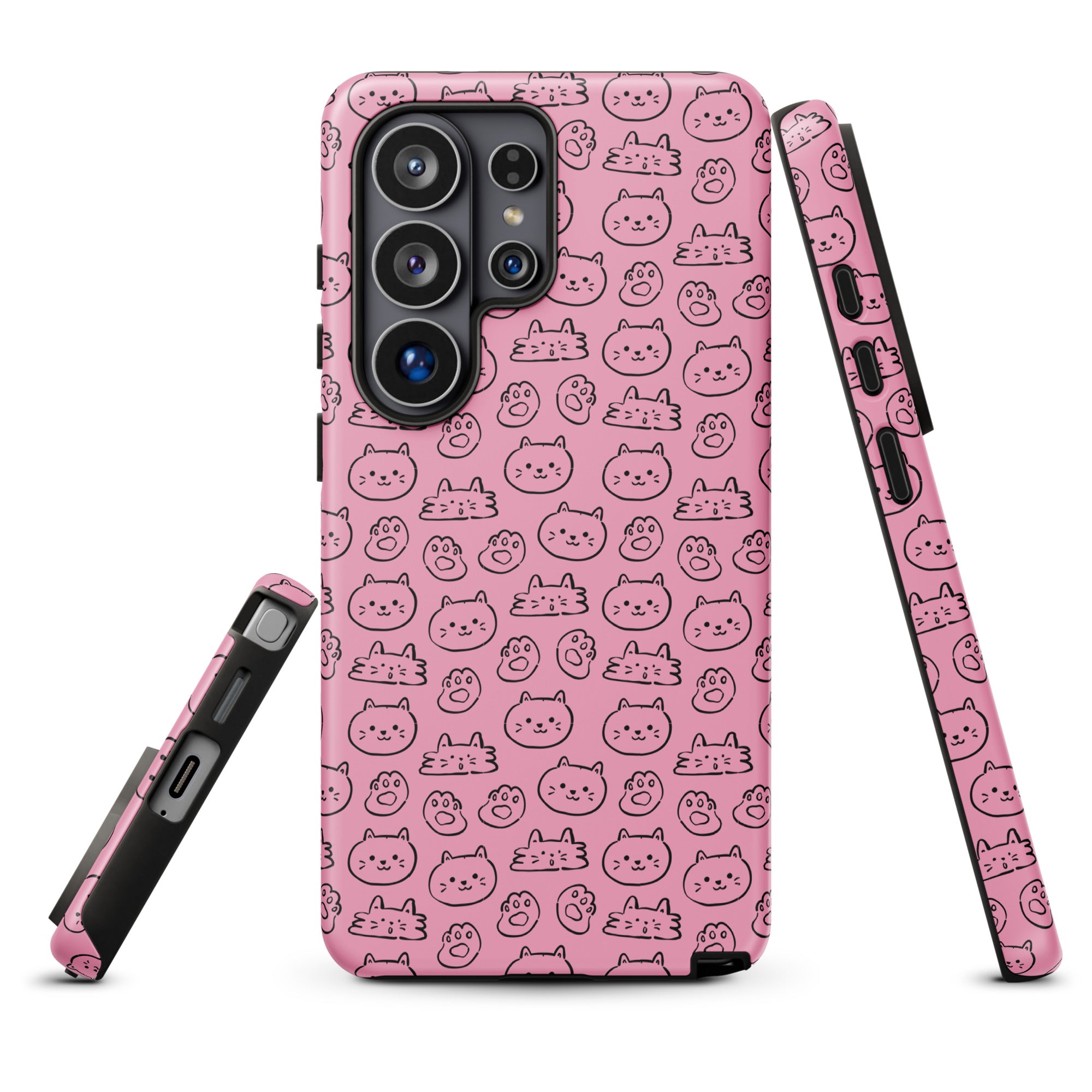 a pink phone case with a repeating pattern of cat faces on it.