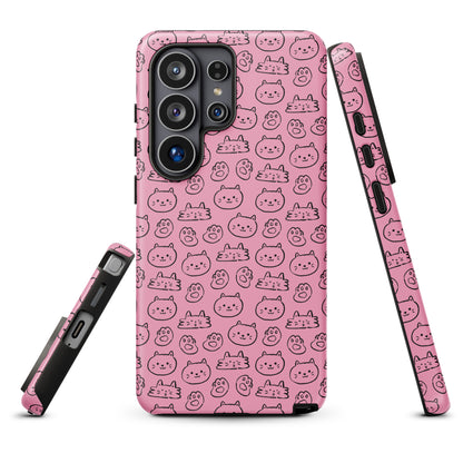 a pink phone case with a repeating pattern of cat faces on it.